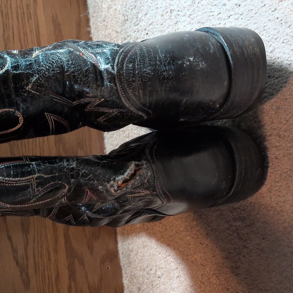 Tony Lama Black Vintage Leather Western Boots Rainbow Stitch Sz 8? - Picture 3 of 8